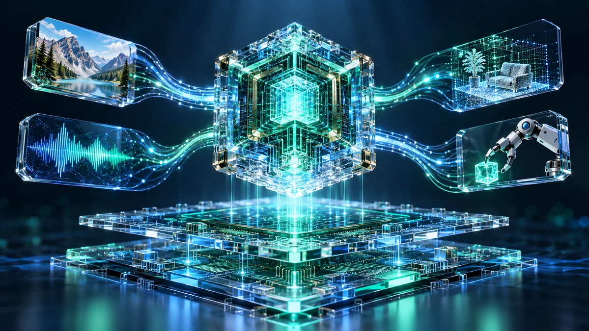 A meticulously detailed crystalline AI processor suspended above layered glass circuit boards, with luminous connections and subtle depth.