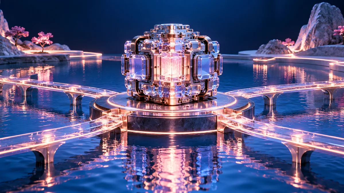 An intricate compact AI core reflected in a tranquil abstract pool, with luminous circuit bridges spanning deep blue water.