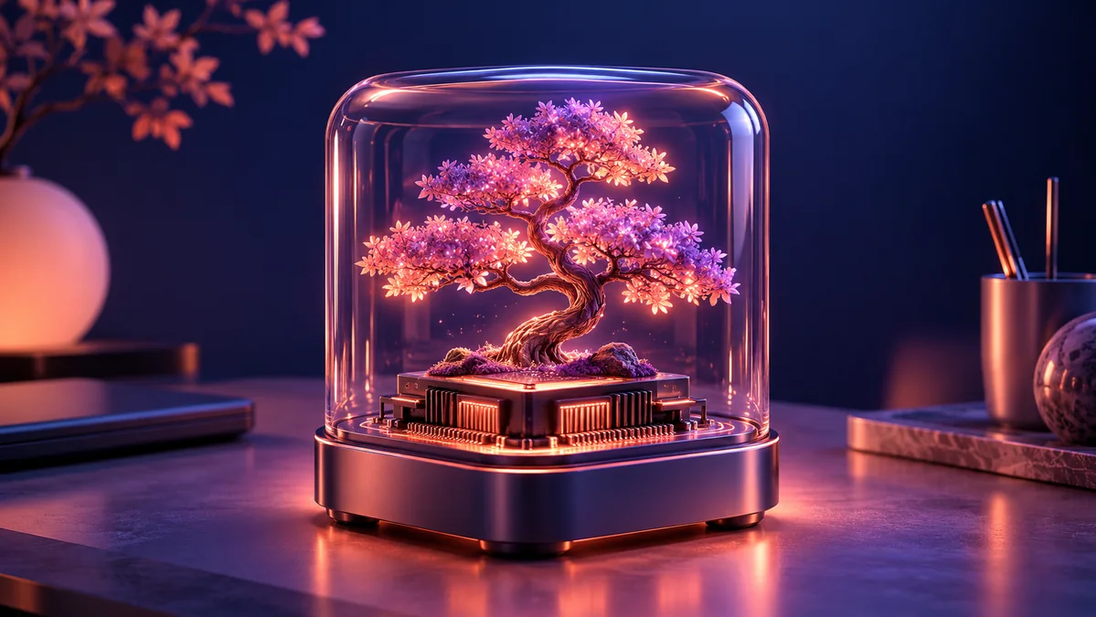 A miniature luminous bonsai tree growing from a compact neural processor inside a refined desk-sized glass enclosure.