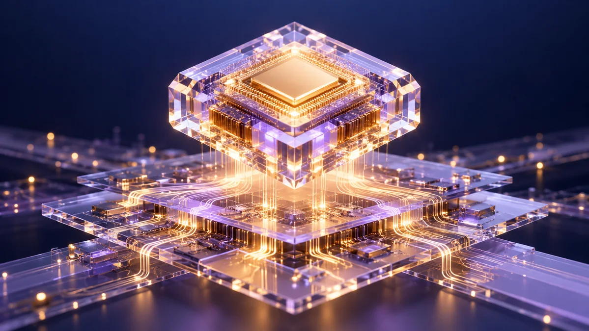 A meticulously detailed crystalline AI processor suspended above layered glass circuit boards, with luminous connections and subtle depth.