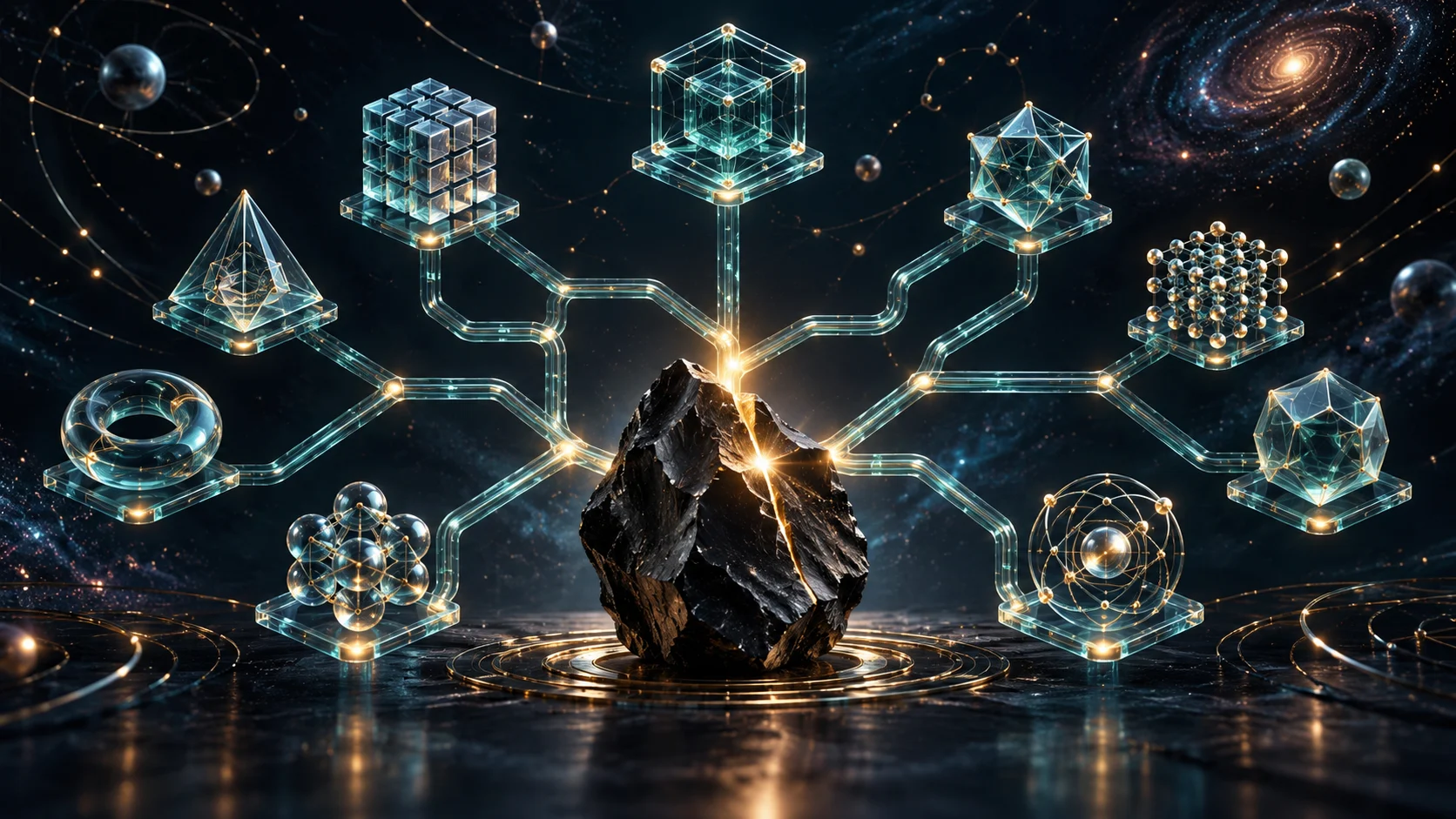 AI-generated editorial illustration of a flint stone sending golden light through branching glass circuits and geometric test modules.