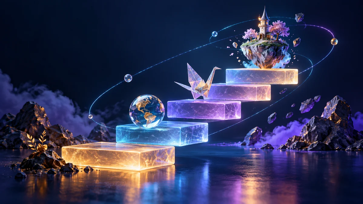 Five glowing glass steps supporting a miniature globe, folded paper crane and floating island with a wizard tower.