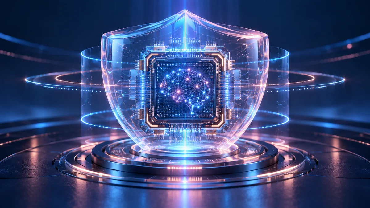 A translucent protective shield surrounding a sophisticated neural processor, with controlled light beams and layered security rings.