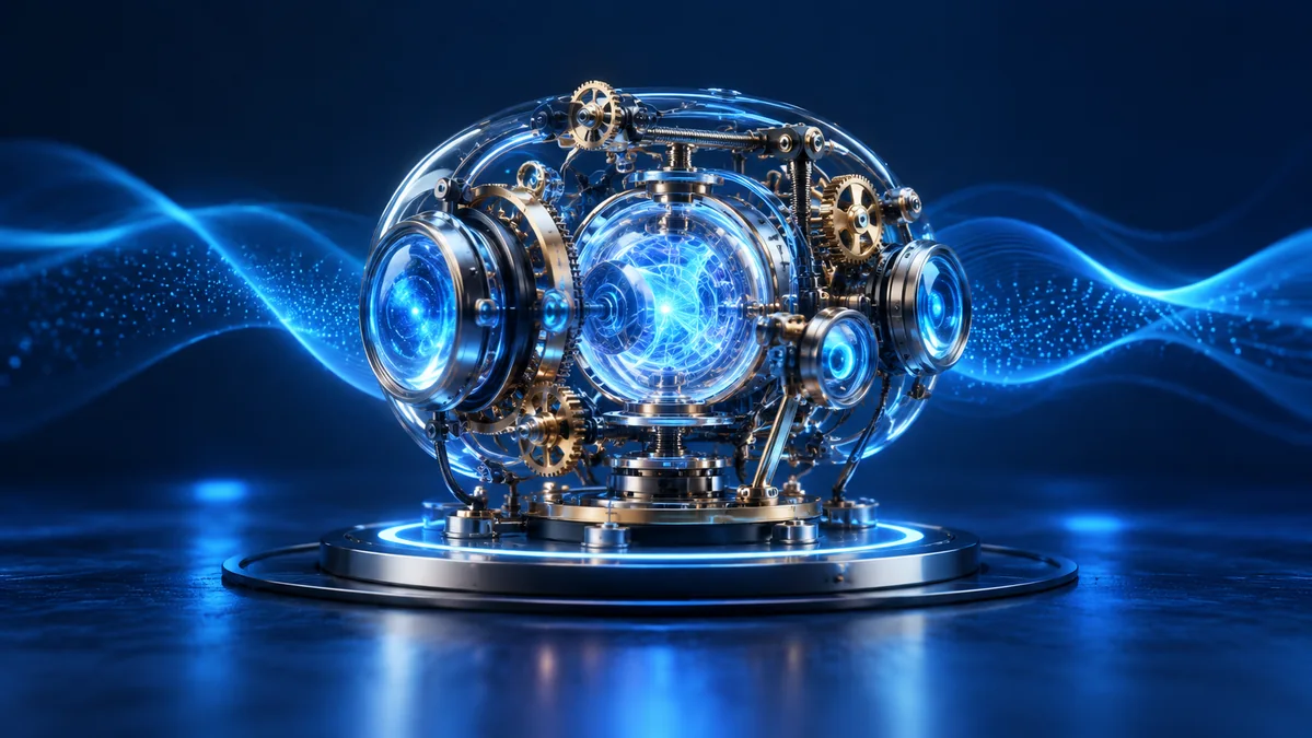 A small luminous kinetic thinking machine, delicate precision gears and glass lenses giving a compact intelligence metaphor.