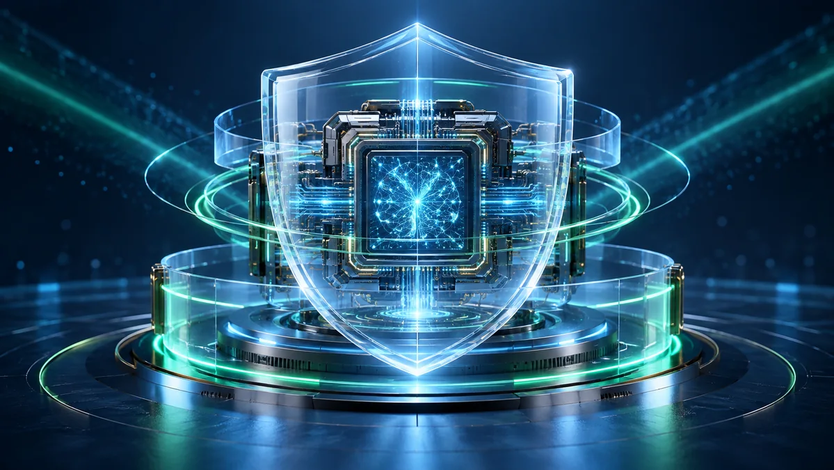 A translucent protective shield surrounding a sophisticated neural processor, with controlled light beams and layered security rings.