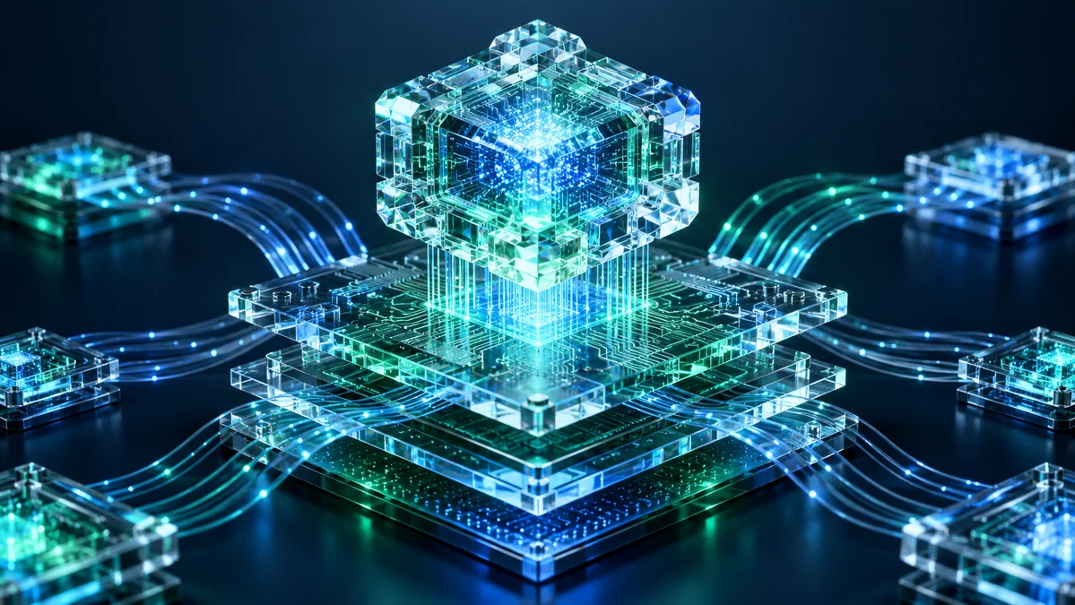 A meticulously detailed crystalline AI processor suspended above layered glass circuit boards, with luminous connections and subtle depth.
